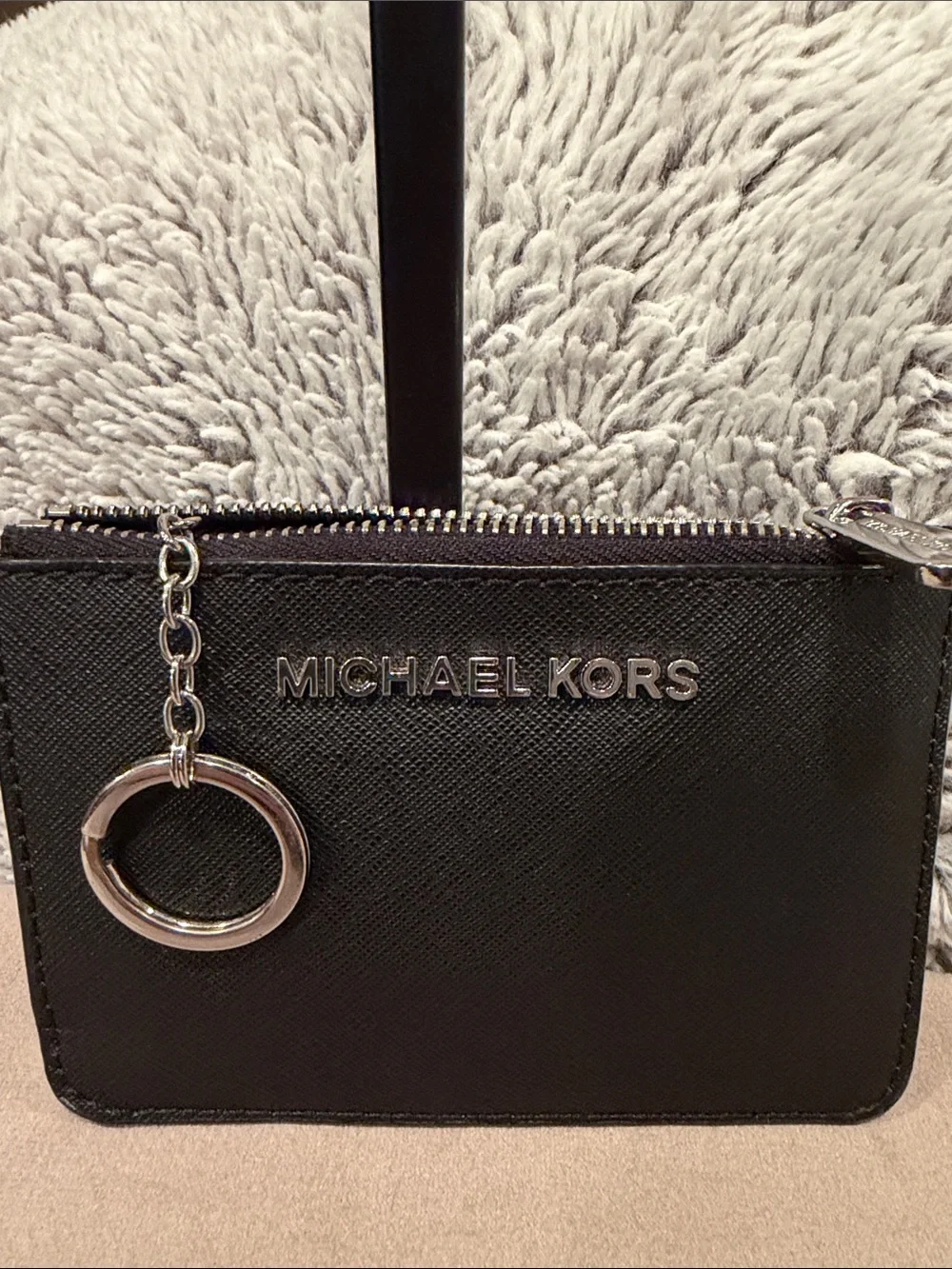 MICHAEL KORS Black Saffiano Card Holder with silver hardware